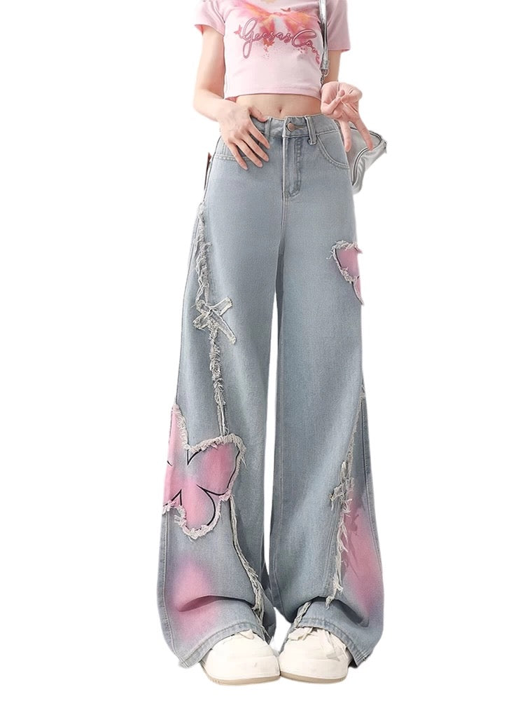 Grey Wide-Leg Jeans with Graffiti Art and Butterfly Patches