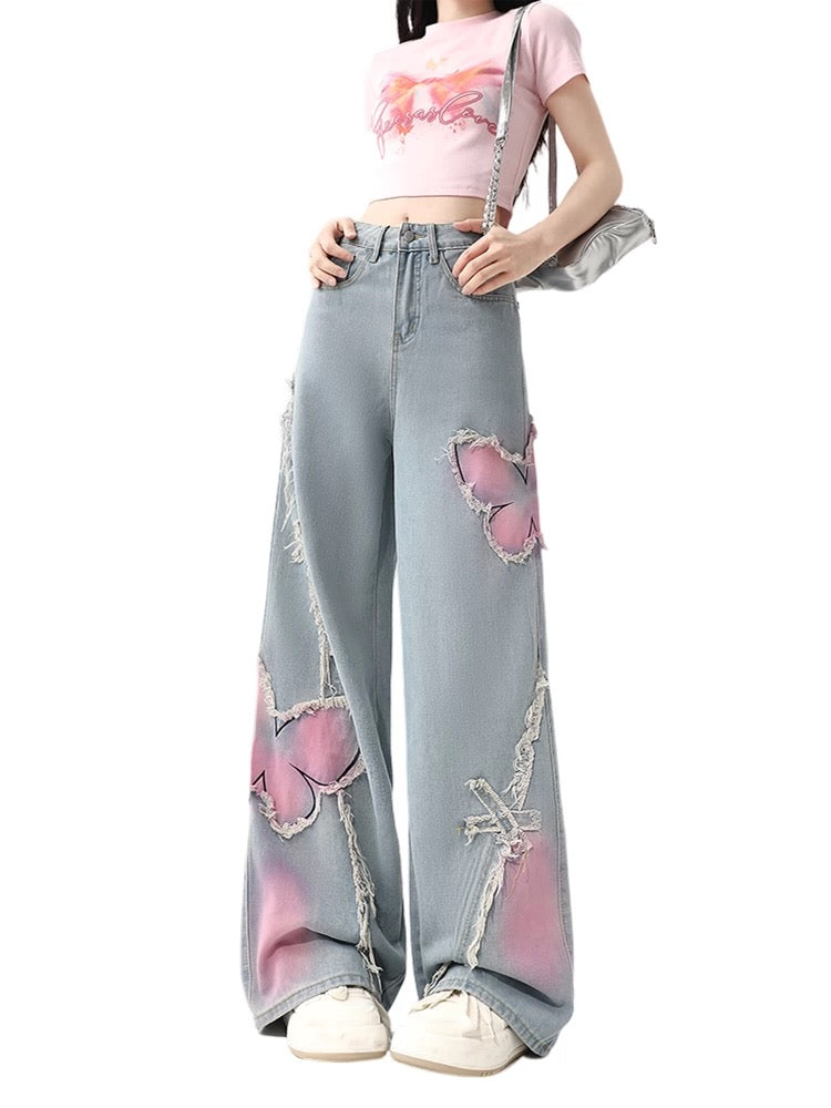 Grey Wide-Leg Jeans with Graffiti Art and Butterfly Patches