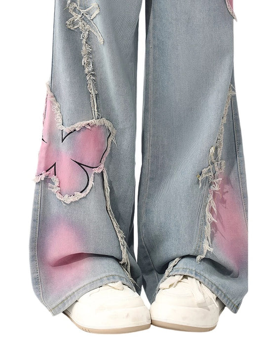 Grey Wide-Leg Jeans with Graffiti Art and Butterfly Patches