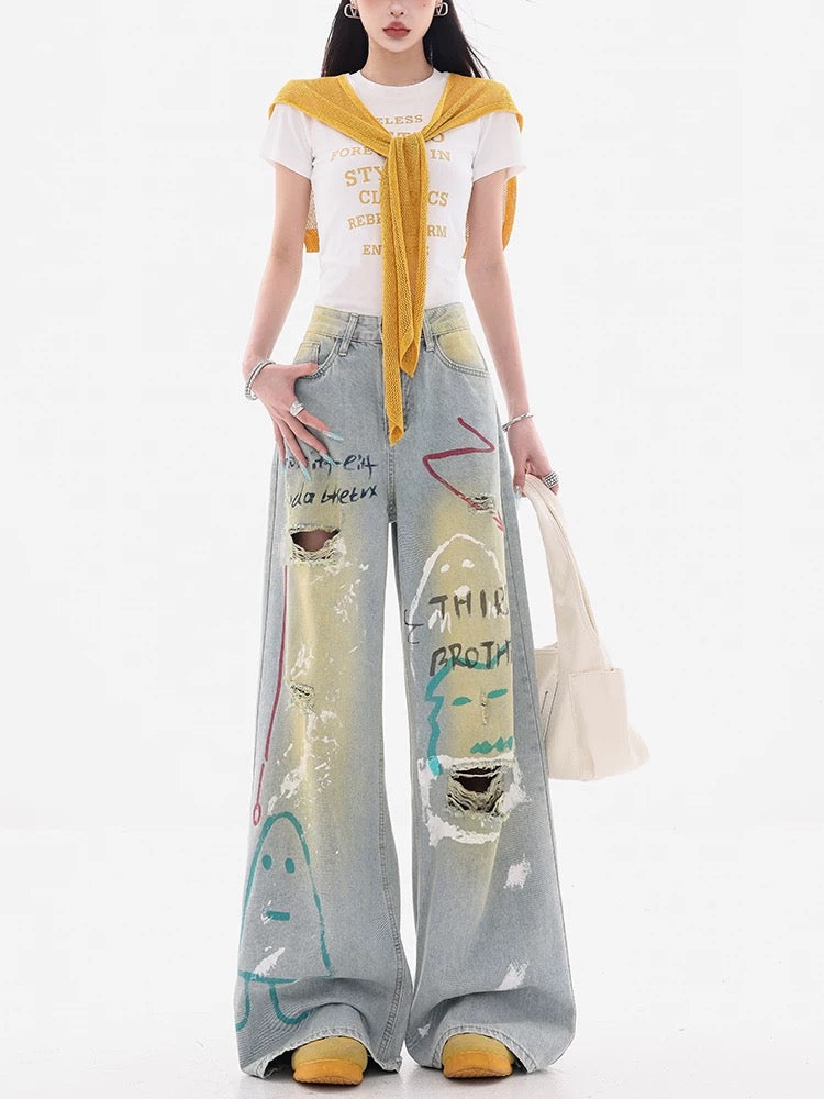 Grey Wide-Leg Jeans with Graffiti Art and Butterfly Patches