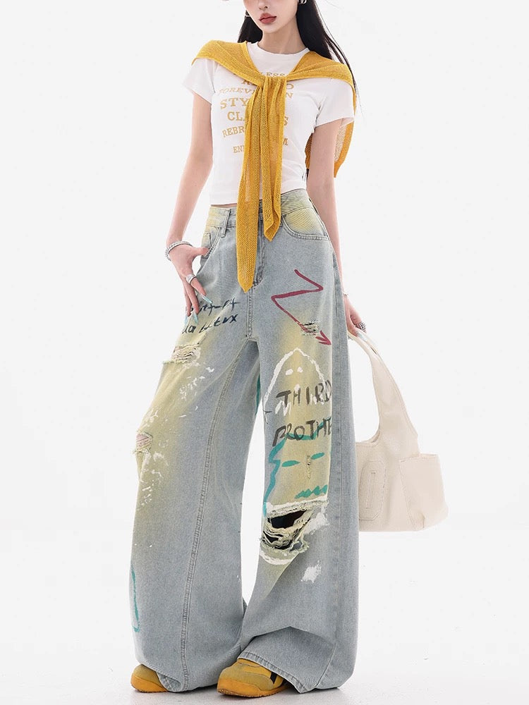 Grey Wide-Leg Jeans with Graffiti Art and Butterfly Patches