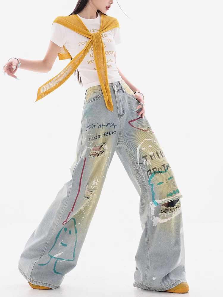 Grey Wide-Leg Jeans with Graffiti Art and Butterfly Patches