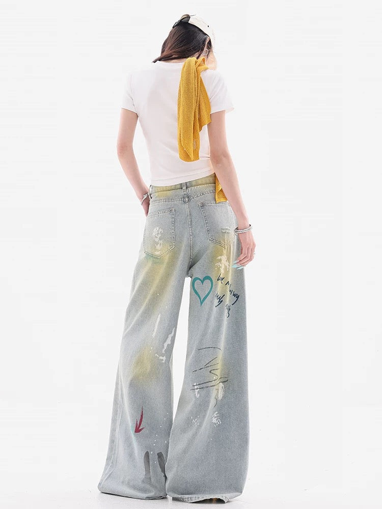 Grey Wide-Leg Jeans with Graffiti Art and Butterfly Patches