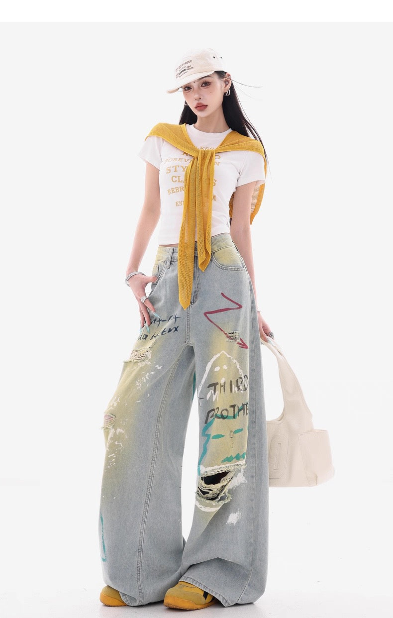 Grey Wide-Leg Jeans with Graffiti Art and Butterfly Patches