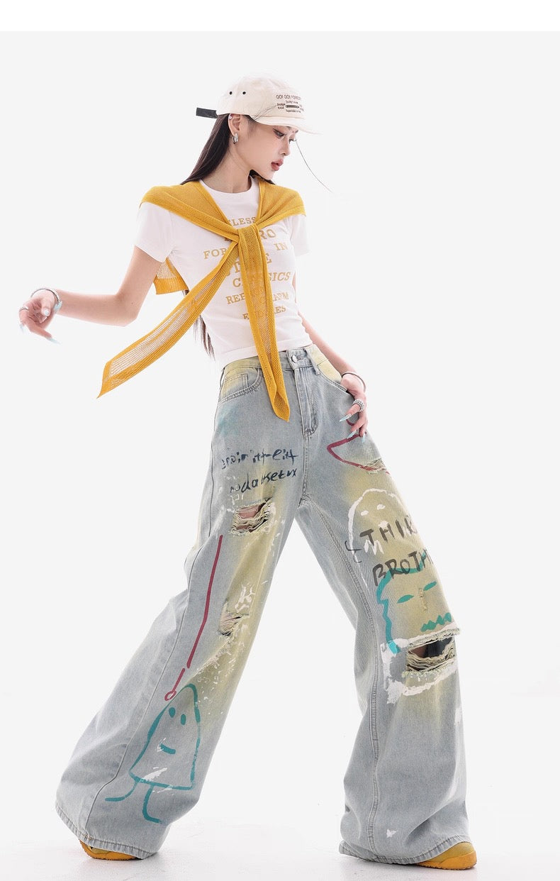 Grey Wide-Leg Jeans with Graffiti Art and Butterfly Patches