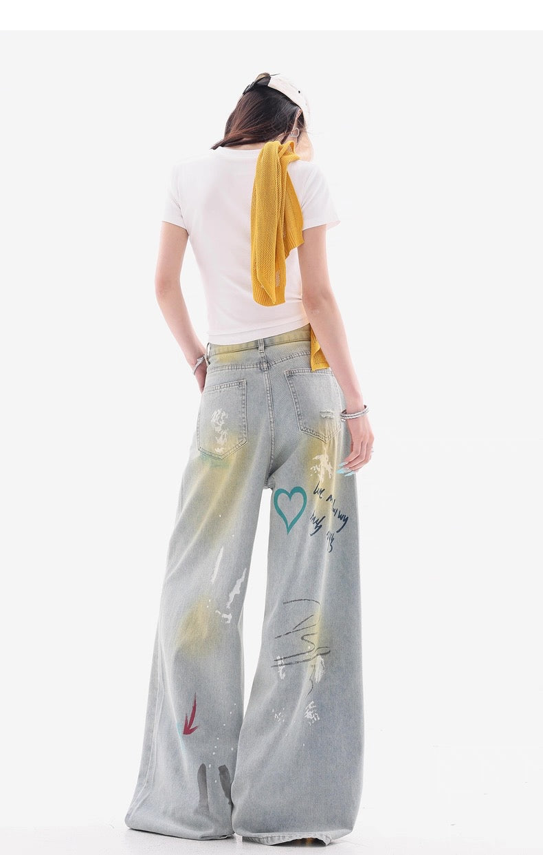 Grey Wide-Leg Jeans with Graffiti Art and Butterfly Patches