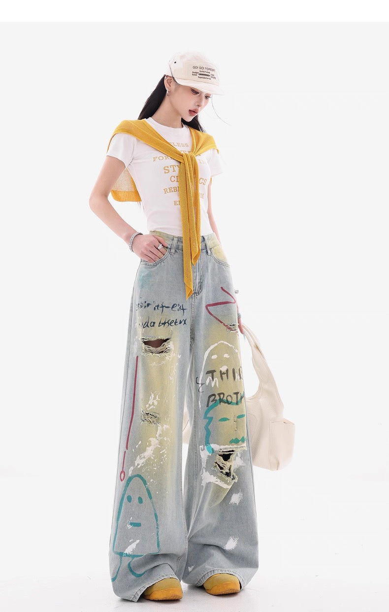 Grey Wide-Leg Jeans with Graffiti Art and Butterfly Patches