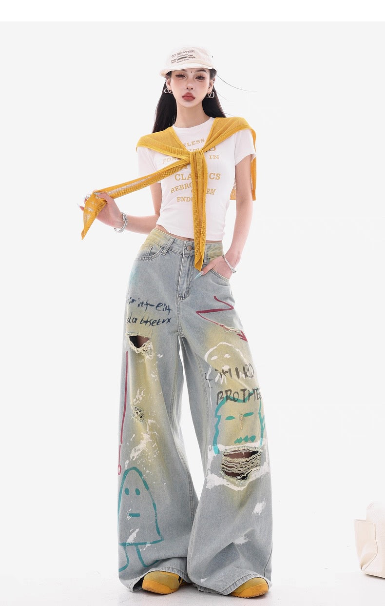 Grey Wide-Leg Jeans with Graffiti Art and Butterfly Patches