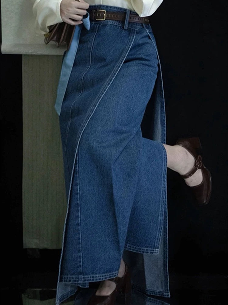 Light Blue Asymmetric Denim Wrap Skirt