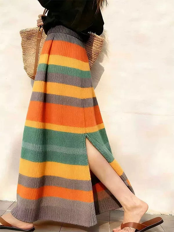 Multicolor Striped Knit Maxi Skirt with Side Slits