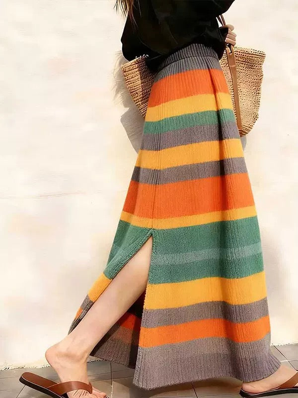 Multicolor Striped Knit Maxi Skirt with Side Slits