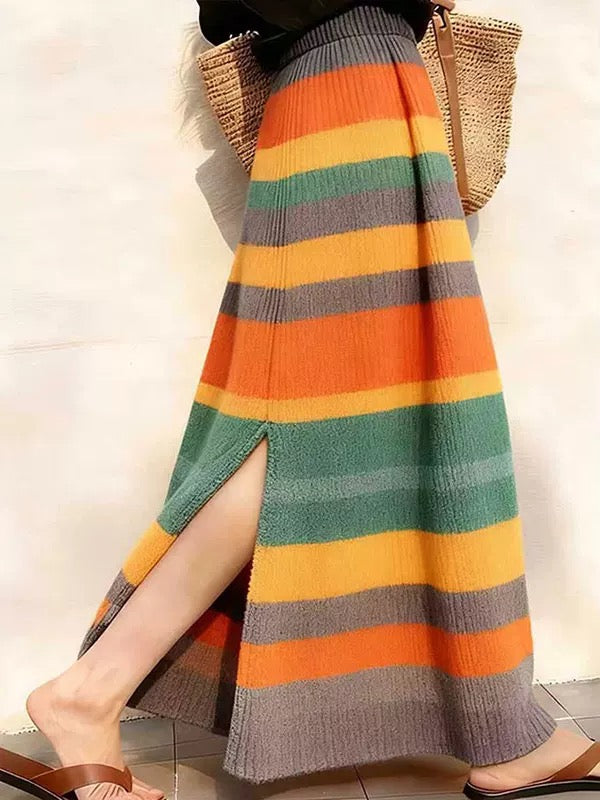 Multicolor Striped Knit Maxi Skirt with Side Slits
