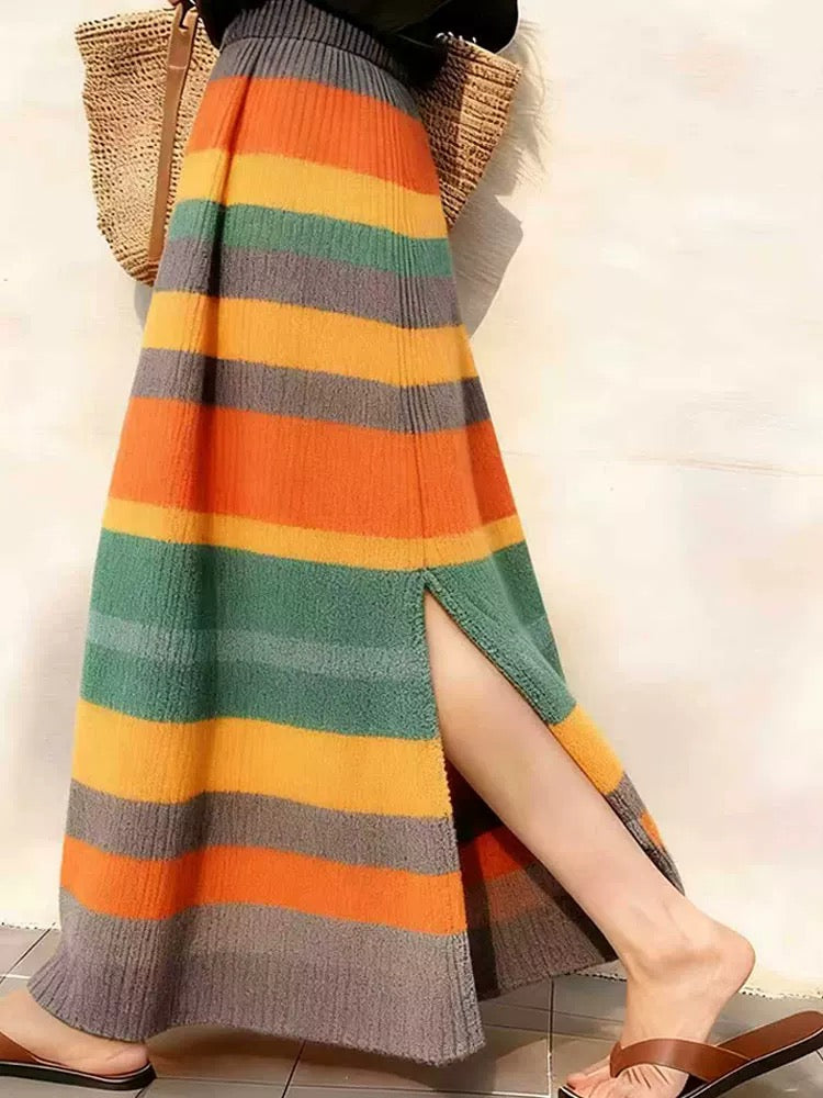 Multicolor Striped Knit Maxi Skirt with Side Slits