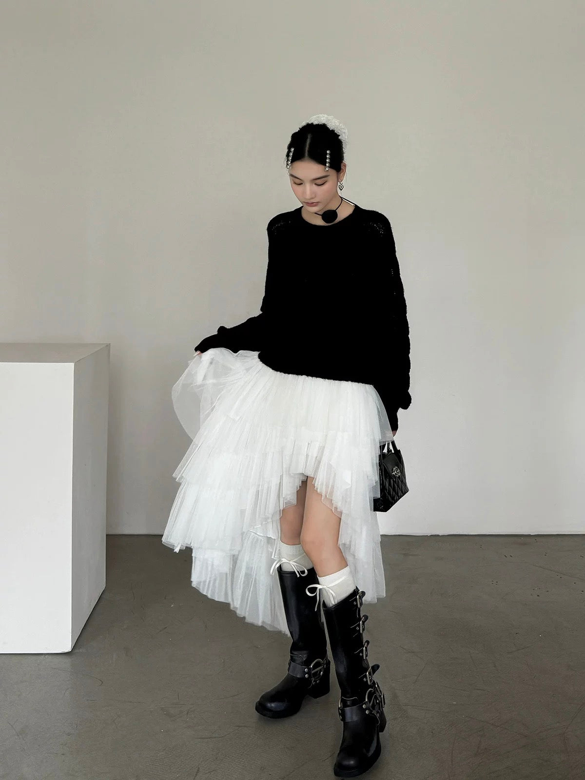 White Asymmetric High-Low Tulle Skirt