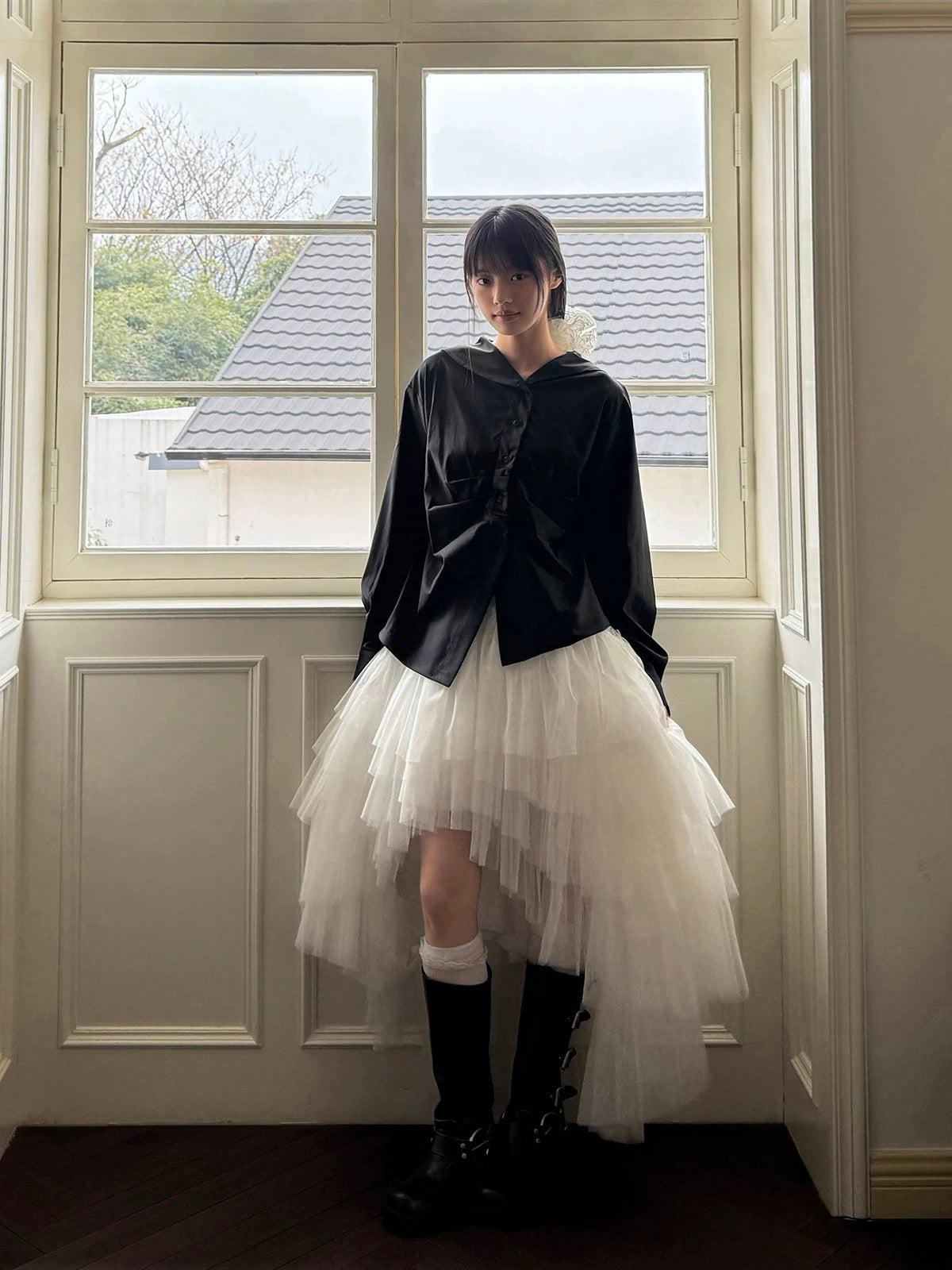 White Asymmetric High-Low Tulle Skirt