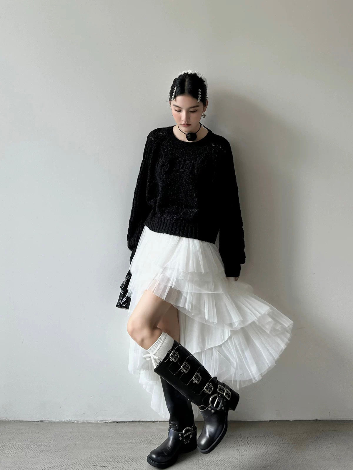 White Asymmetric High-Low Tulle Skirt