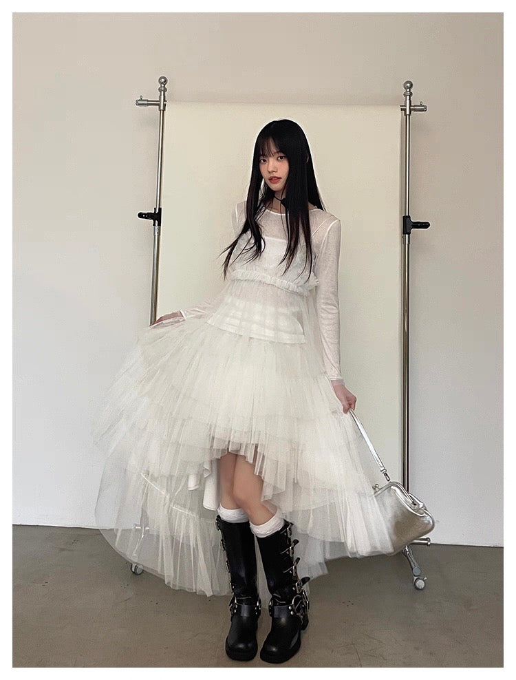 White Asymmetric High-Low Tulle Skirt
