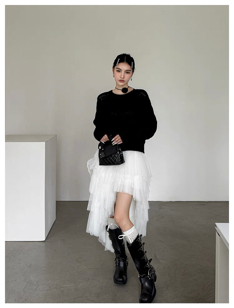 White Asymmetric High-Low Tulle Skirt
