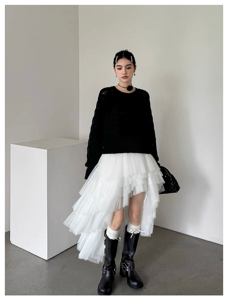 White Asymmetric High-Low Tulle Skirt