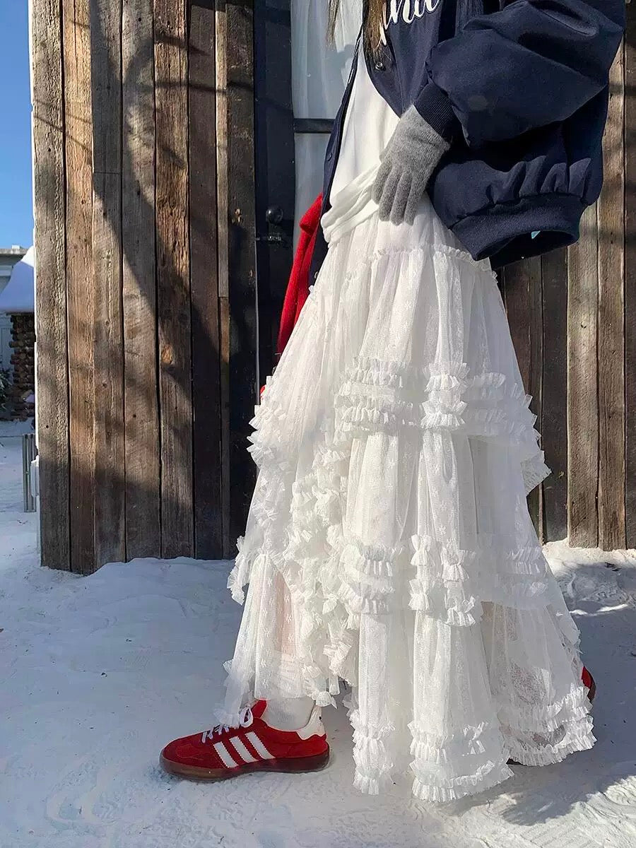 White Floral Embroidered Tiered Tulle Maxi Skirt