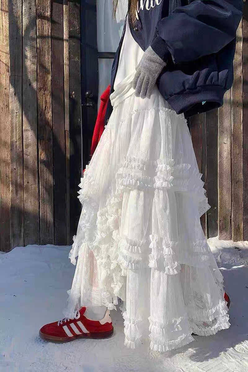White Floral Embroidered Tiered Tulle Maxi Skirt