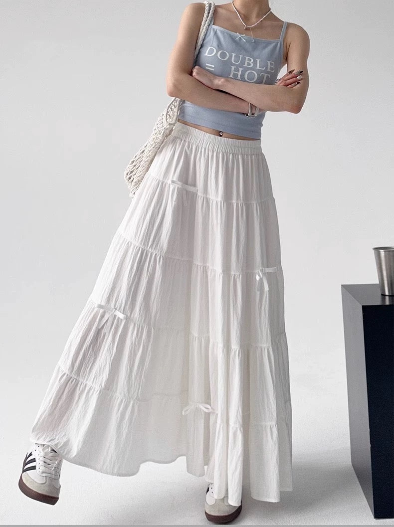 White Tiered Maxi Skirt with Ribbon Ties