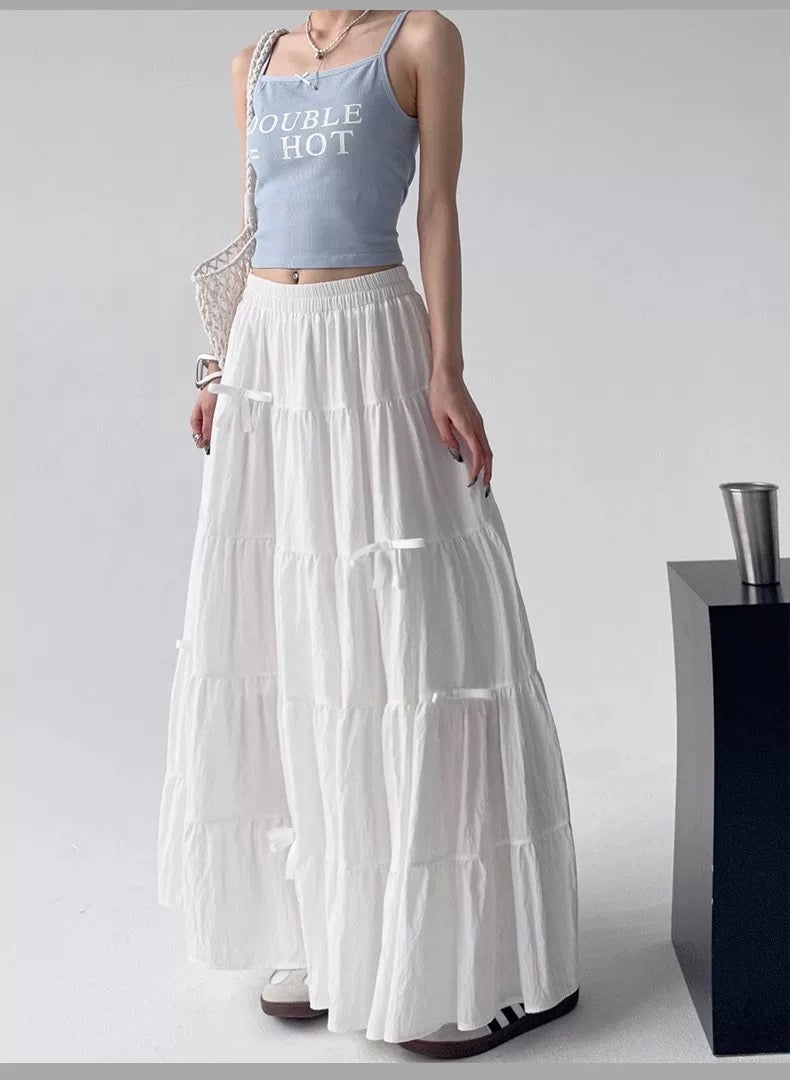 White Tiered Maxi Skirt with Ribbon Ties