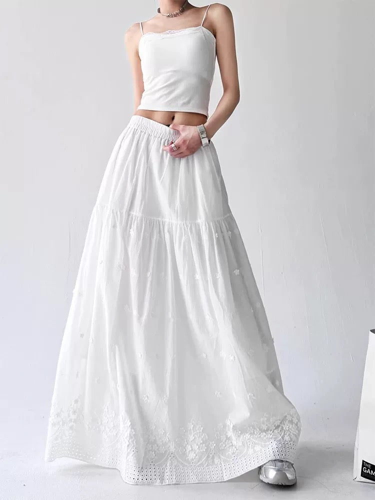 White Eyelet Embroidered Tiered Maxi Skirt