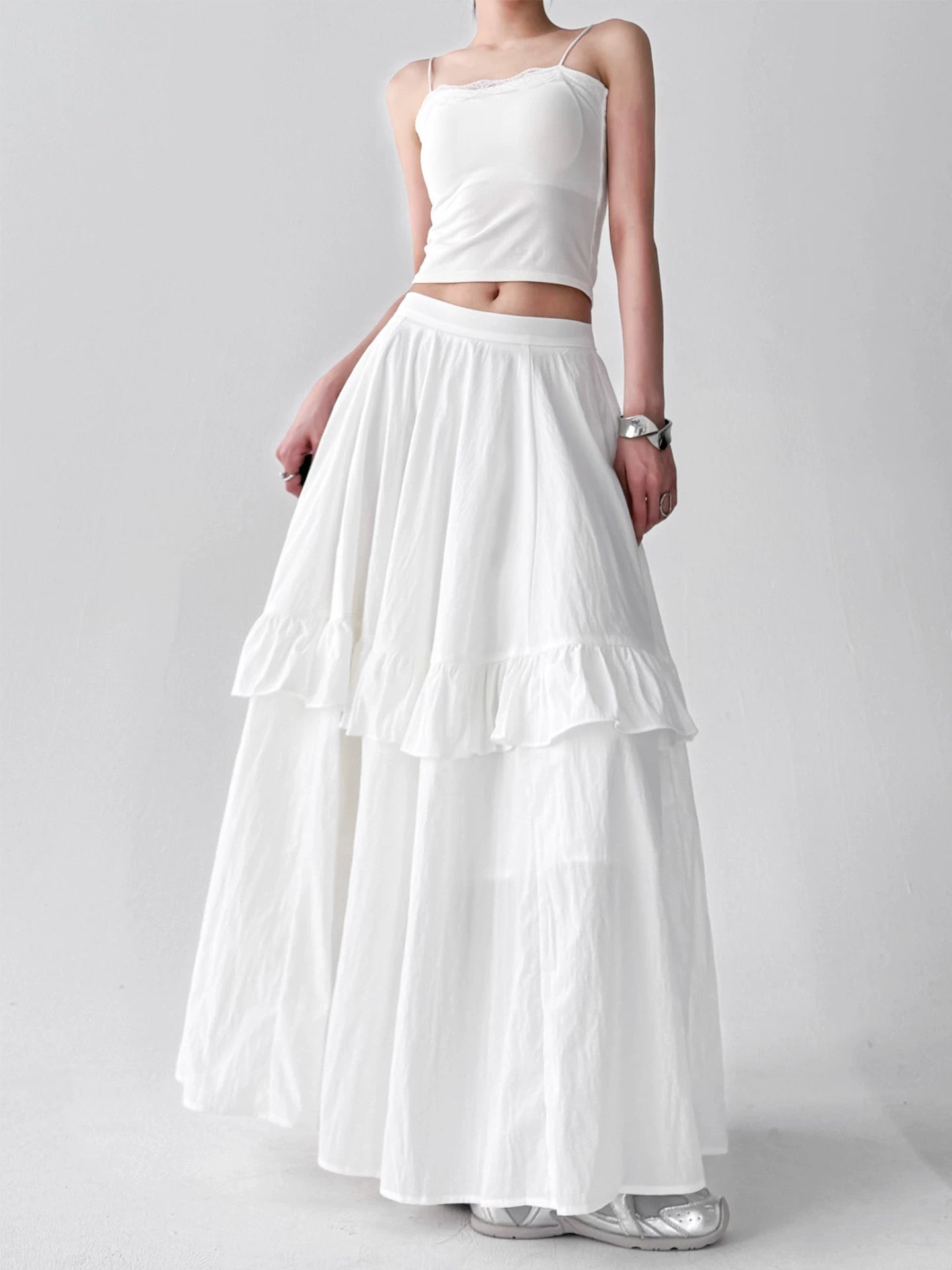 White Cotton Tiered Ruffle Maxi Skirt