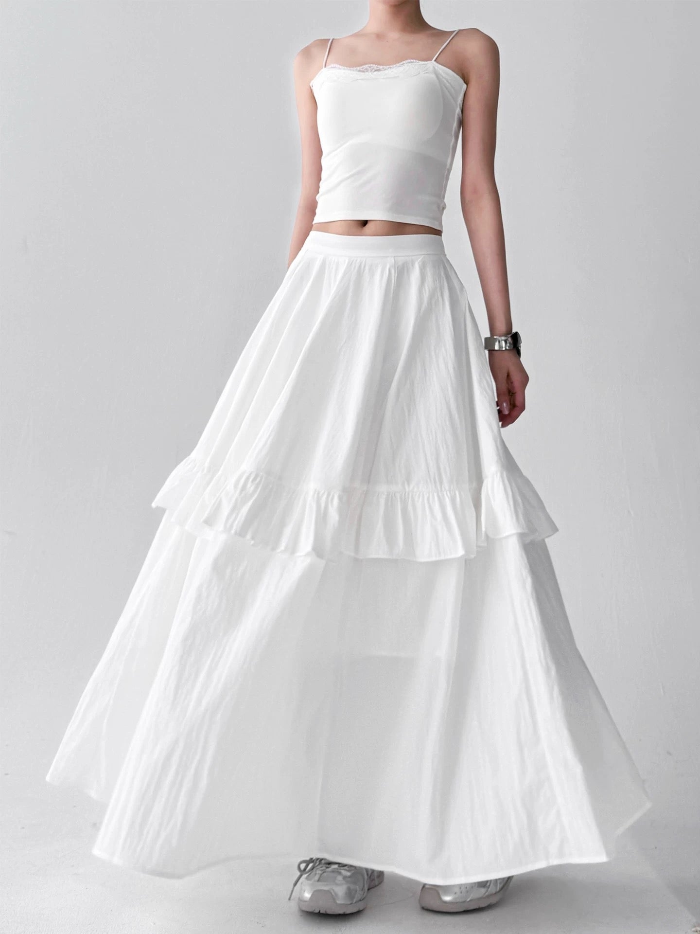 White Cotton Tiered Ruffle Maxi Skirt