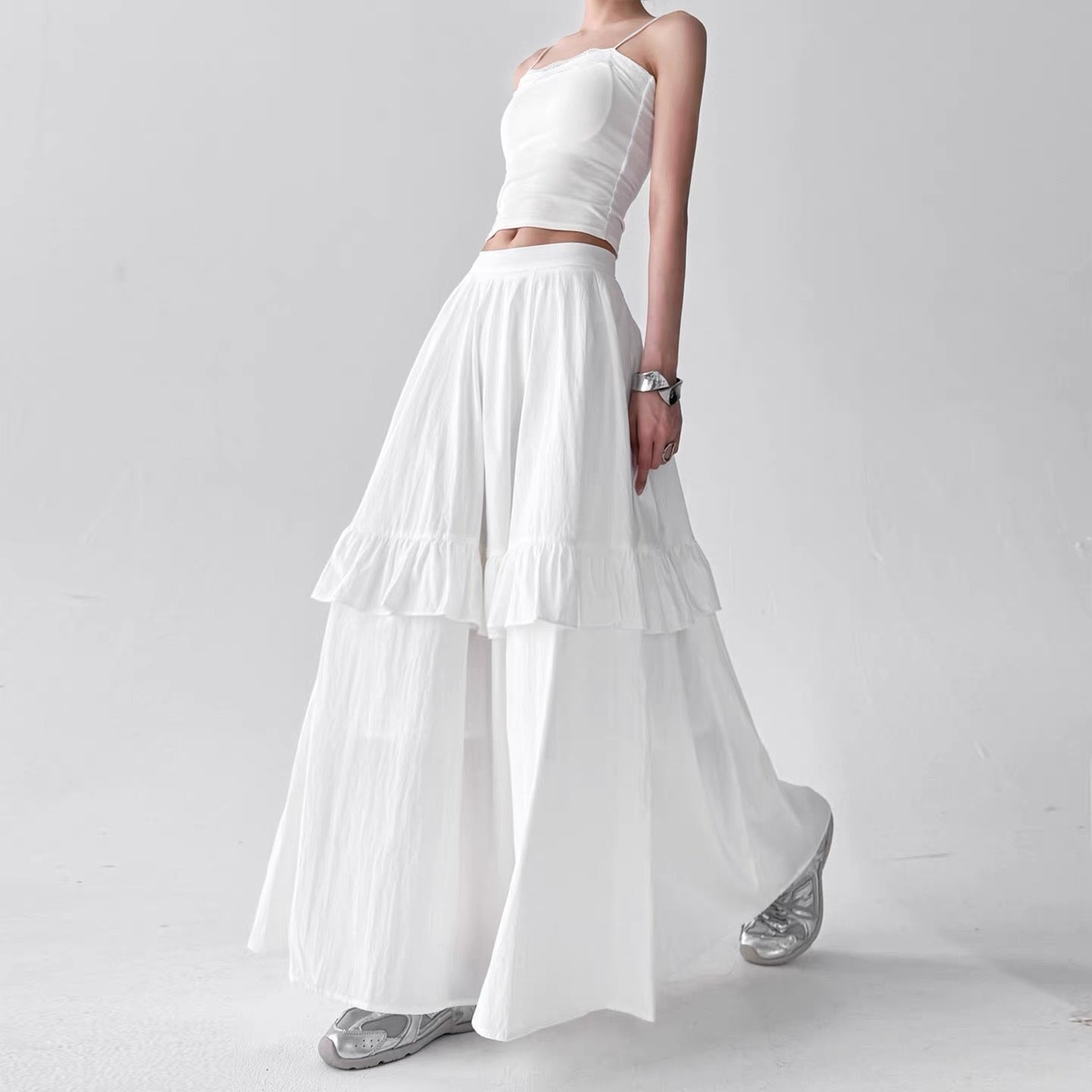 White Cotton Tiered Ruffle Maxi Skirt
