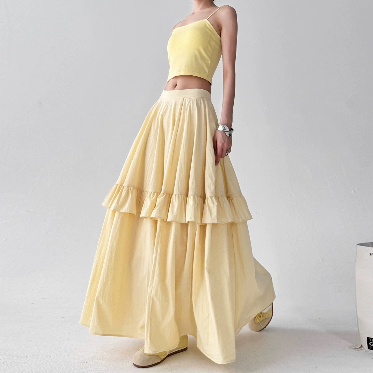 White Cotton Tiered Ruffle Maxi Skirt