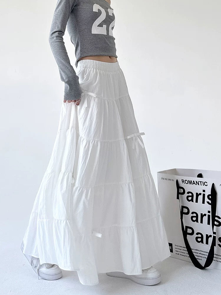 White Tiered Maxi Skirt with Ribbon Ties
