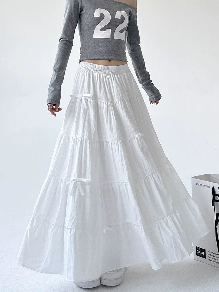 White Tiered Maxi Skirt with Ribbon Ties