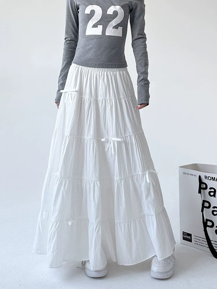 White Tiered Maxi Skirt with Ribbon Ties