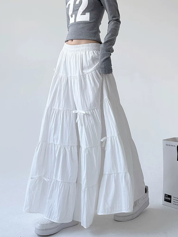 White Tiered Maxi Skirt with Ribbon Ties