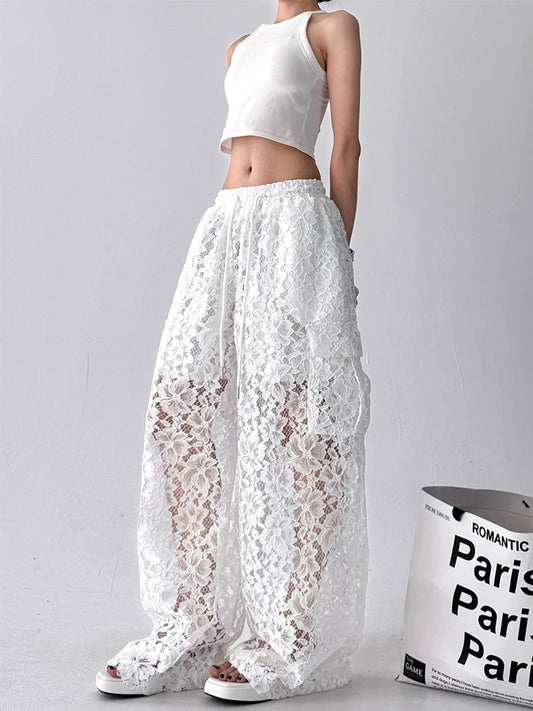 White Lace Wide-Leg Pants