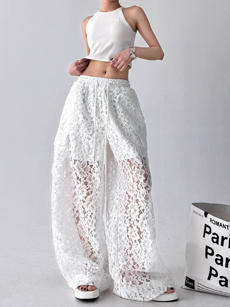 White Lace Wide-Leg Pants
