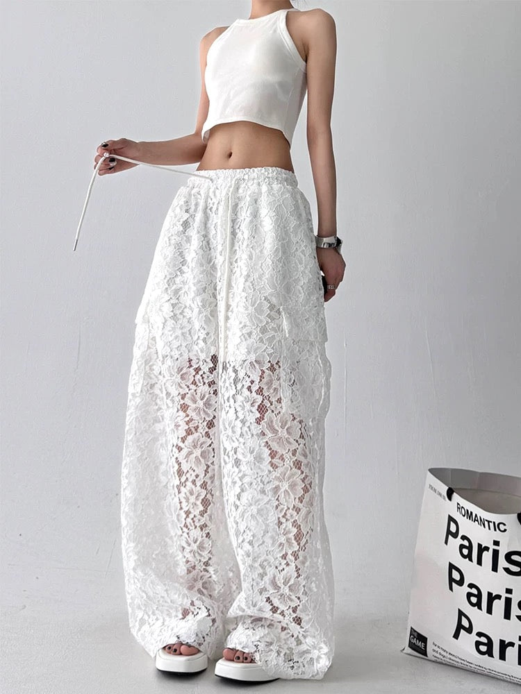 White Lace Wide-Leg Pants