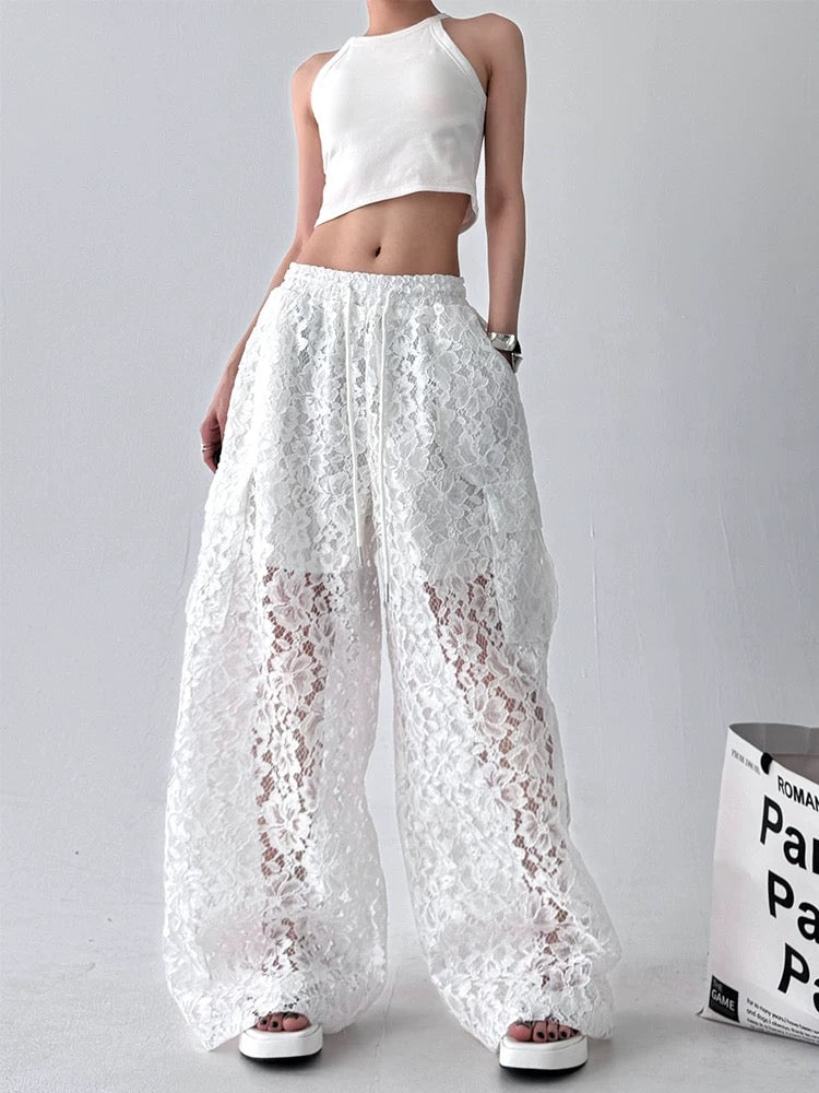White Lace Wide-Leg Pants