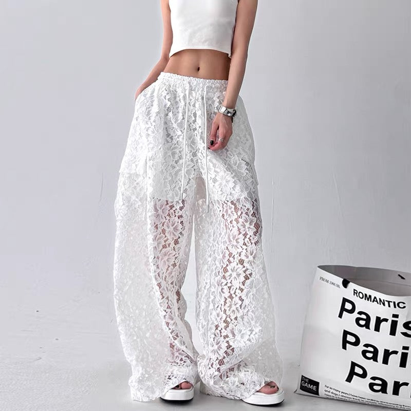 White Lace Wide-Leg Pants