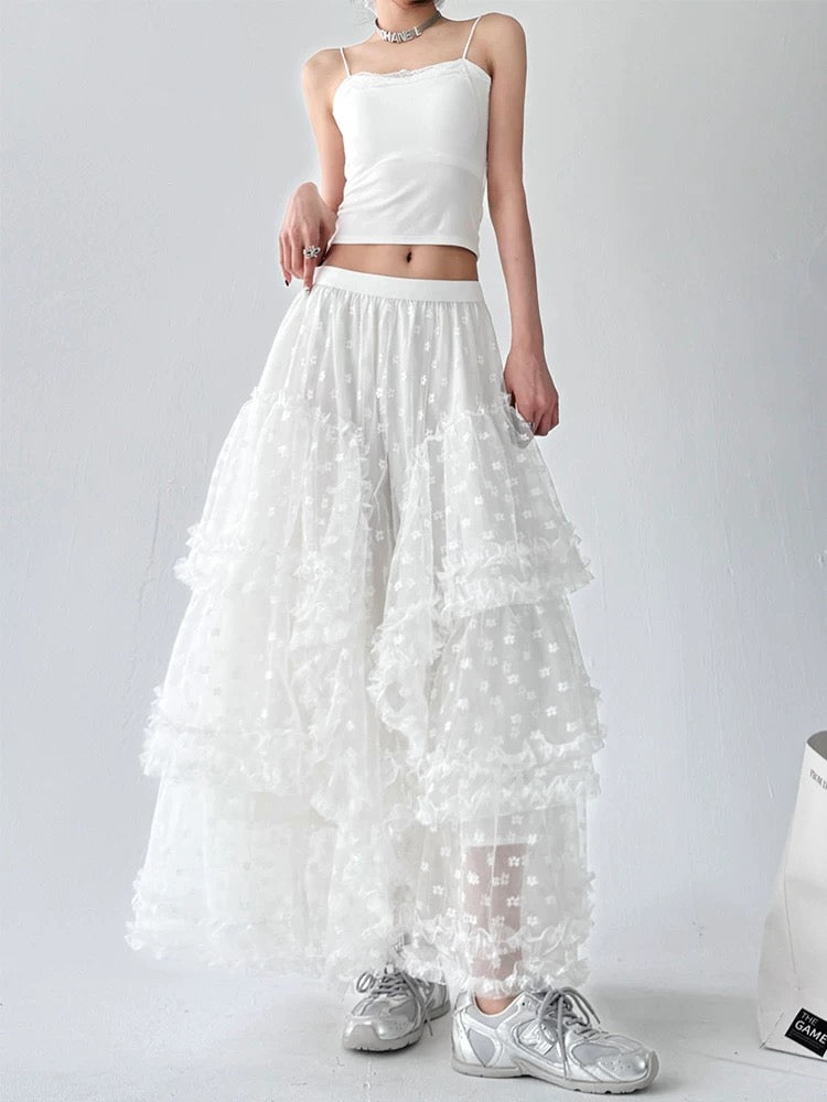 White Floral Embroidered Tiered Tulle Maxi Skirt