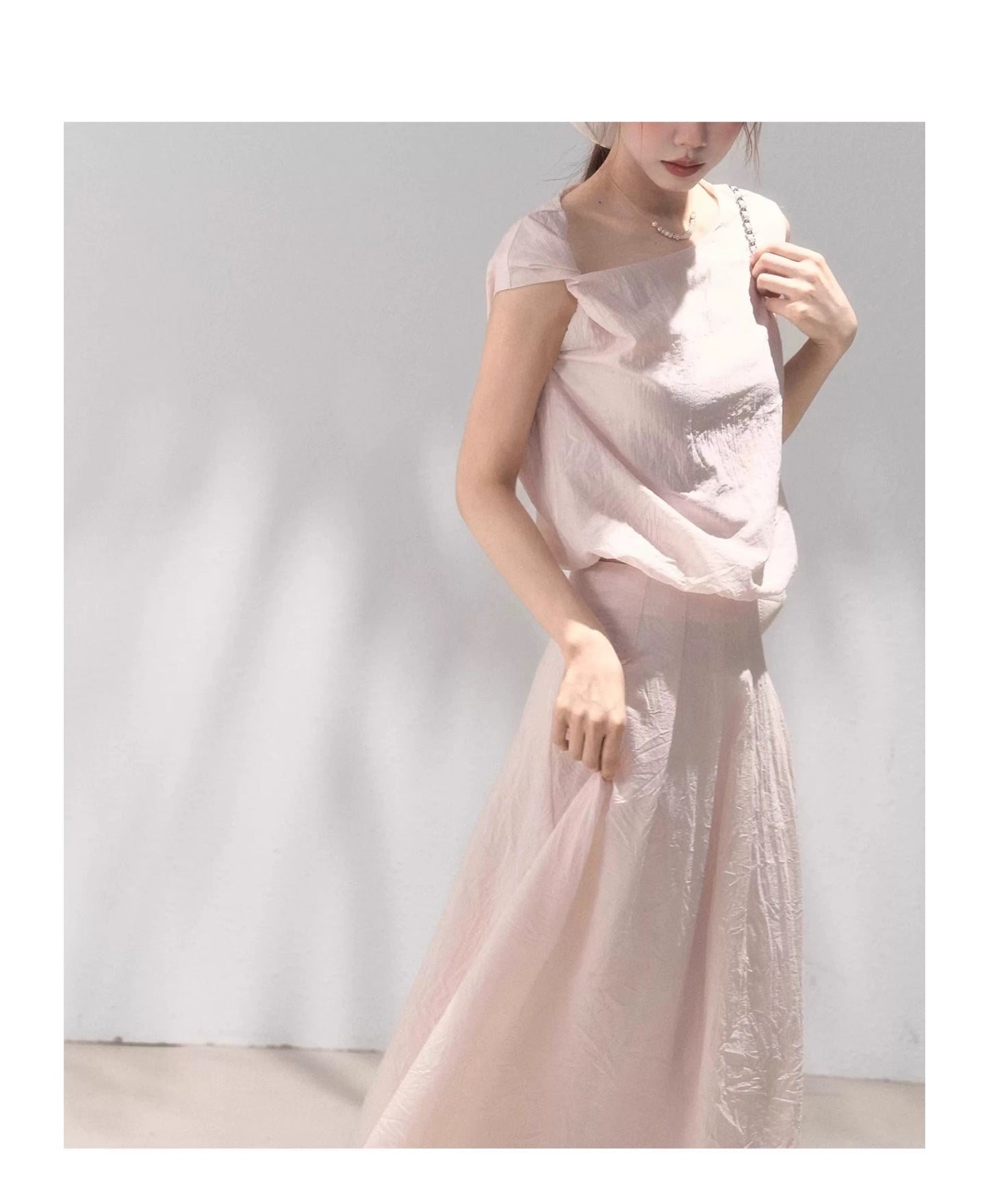 Blush Pink Organza Off-Shoulder Top and Skirt Set