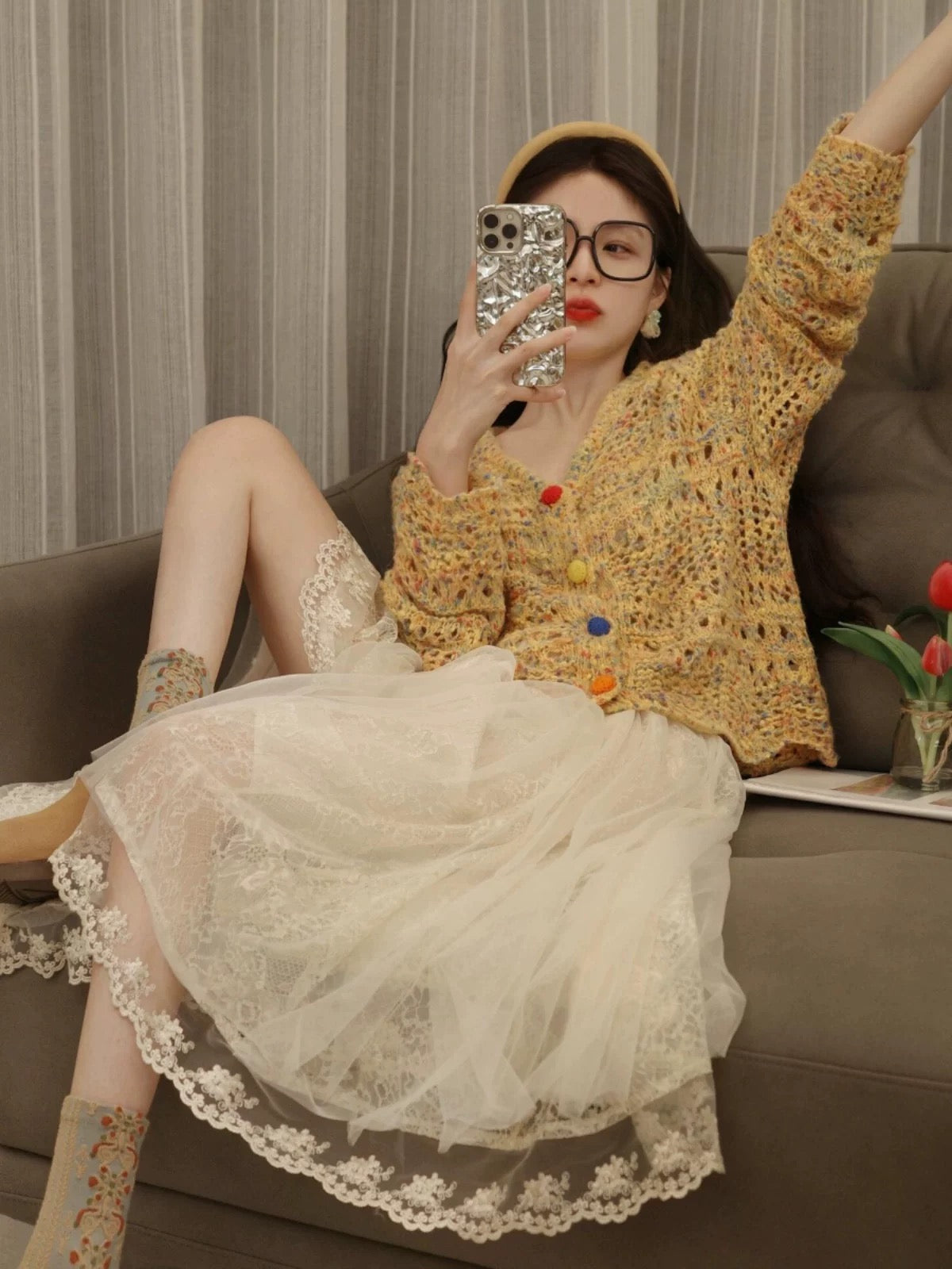 Cream Lace Midi Skirt with Yellow Cardigan Set