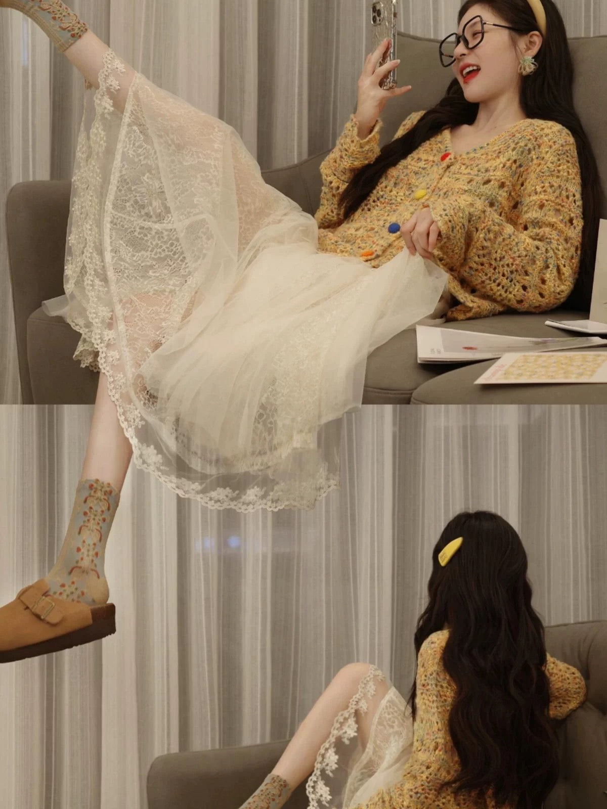 Cream Lace Midi Skirt with Yellow Cardigan Set