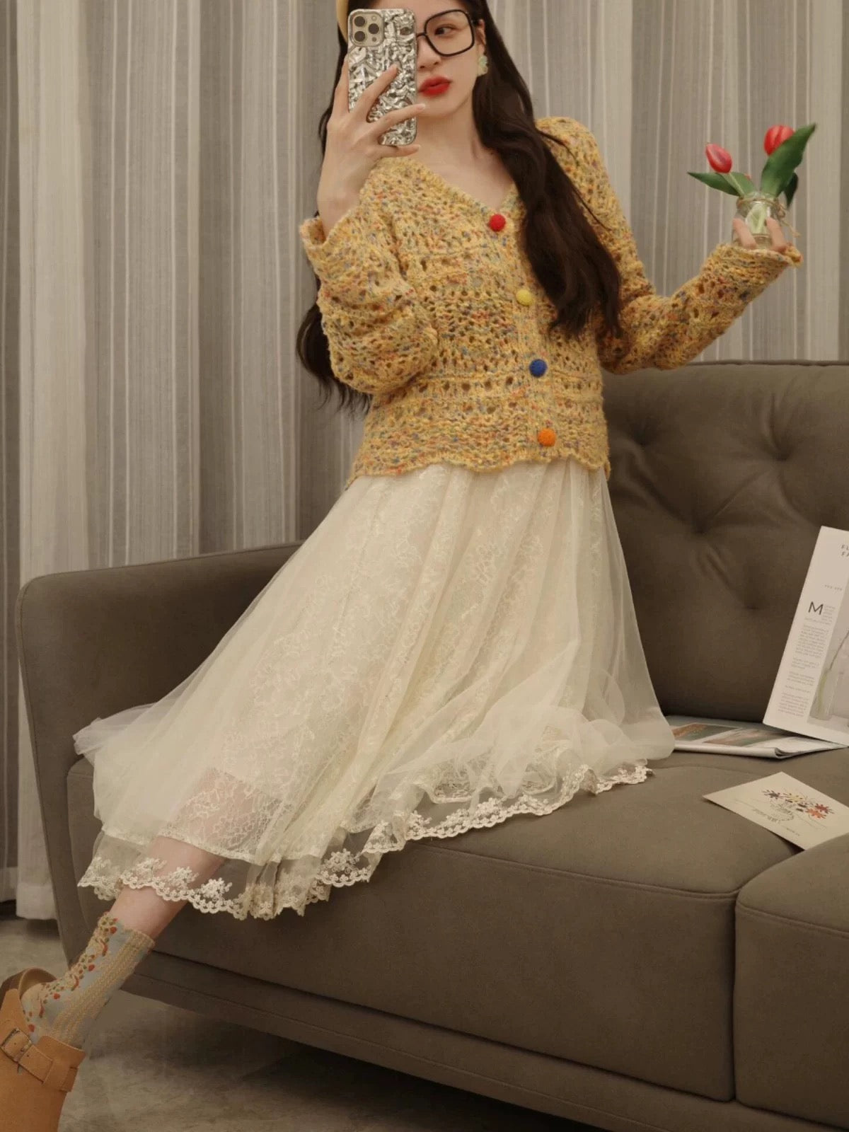 Cream Lace Midi Skirt with Yellow Cardigan Set