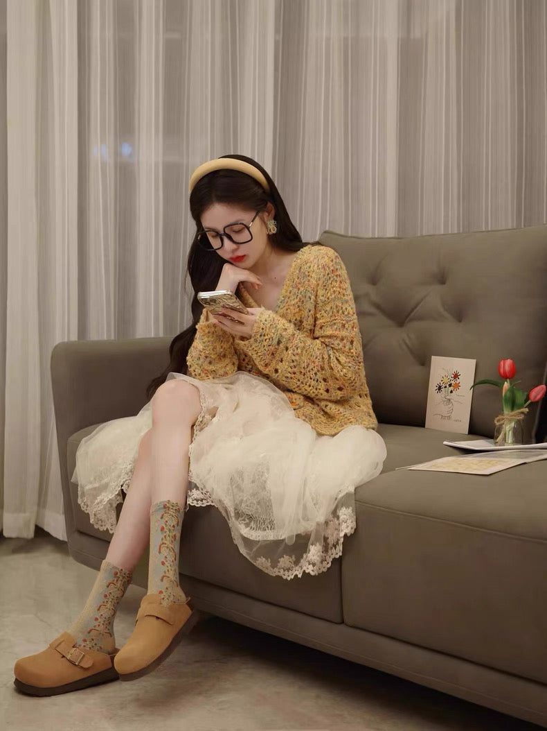 Cream Lace Midi Skirt with Yellow Cardigan Set