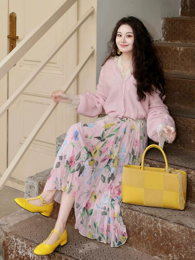 Pink Floral Pleated Midi Skirt and Sweater Set