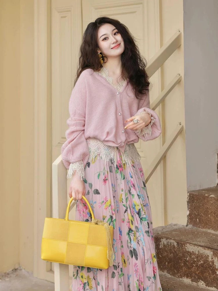 Pink Floral Pleated Midi Skirt and Sweater Set