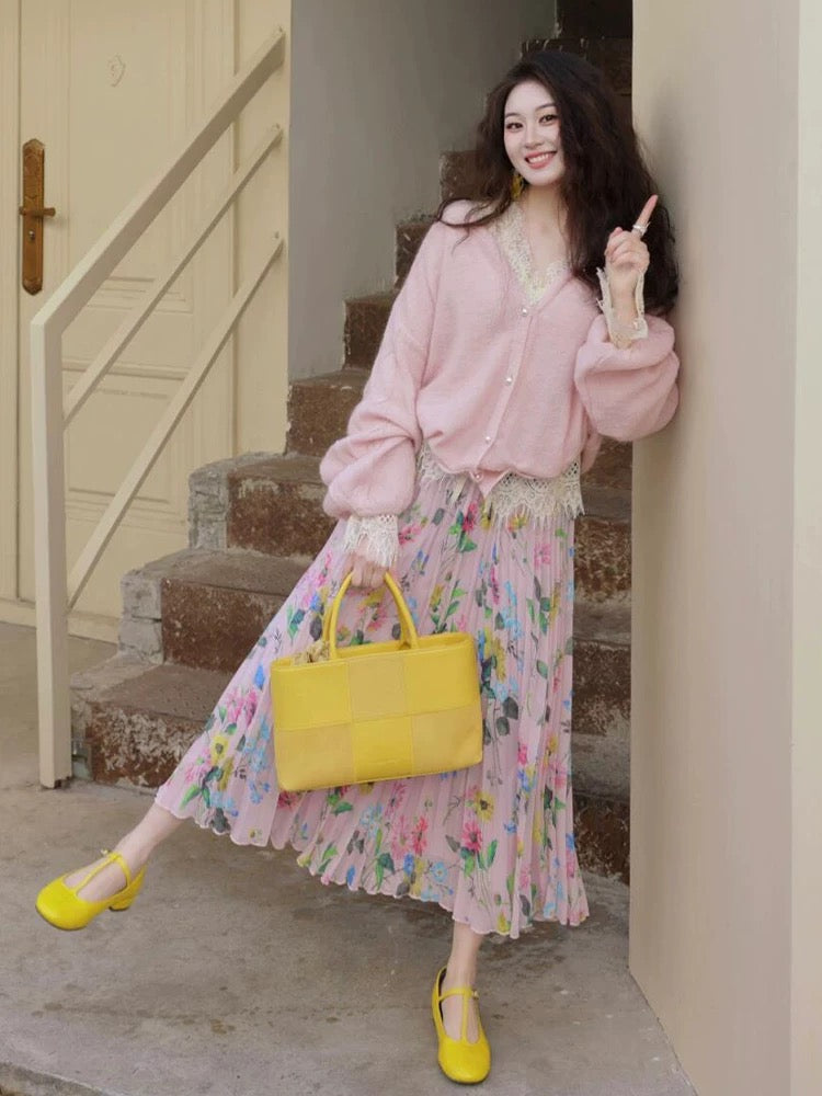 Pink Floral Pleated Midi Skirt and Sweater Set